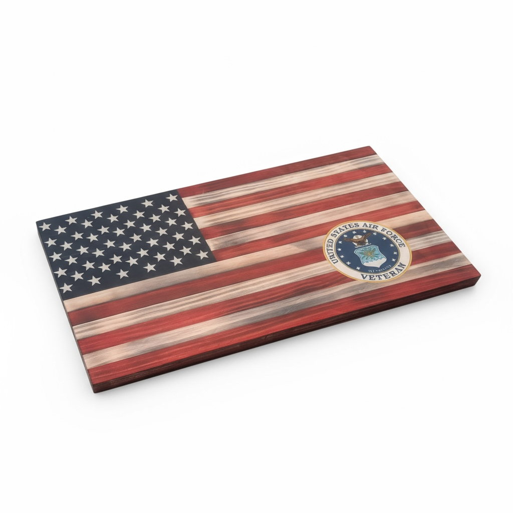Small American Wooden Flag With Air Force Military Decal.