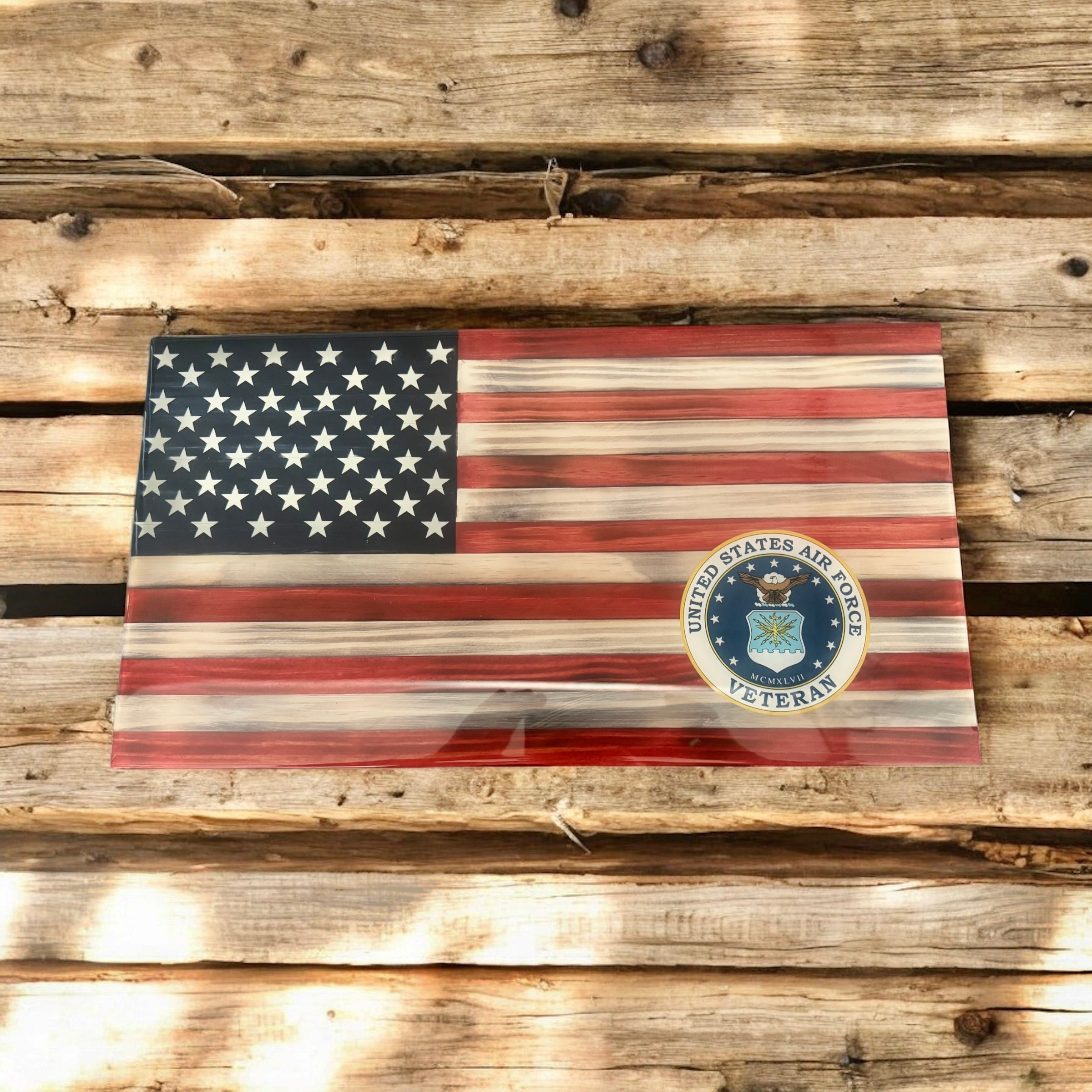 Small American Wooden Flag With Air Force Military Decal.